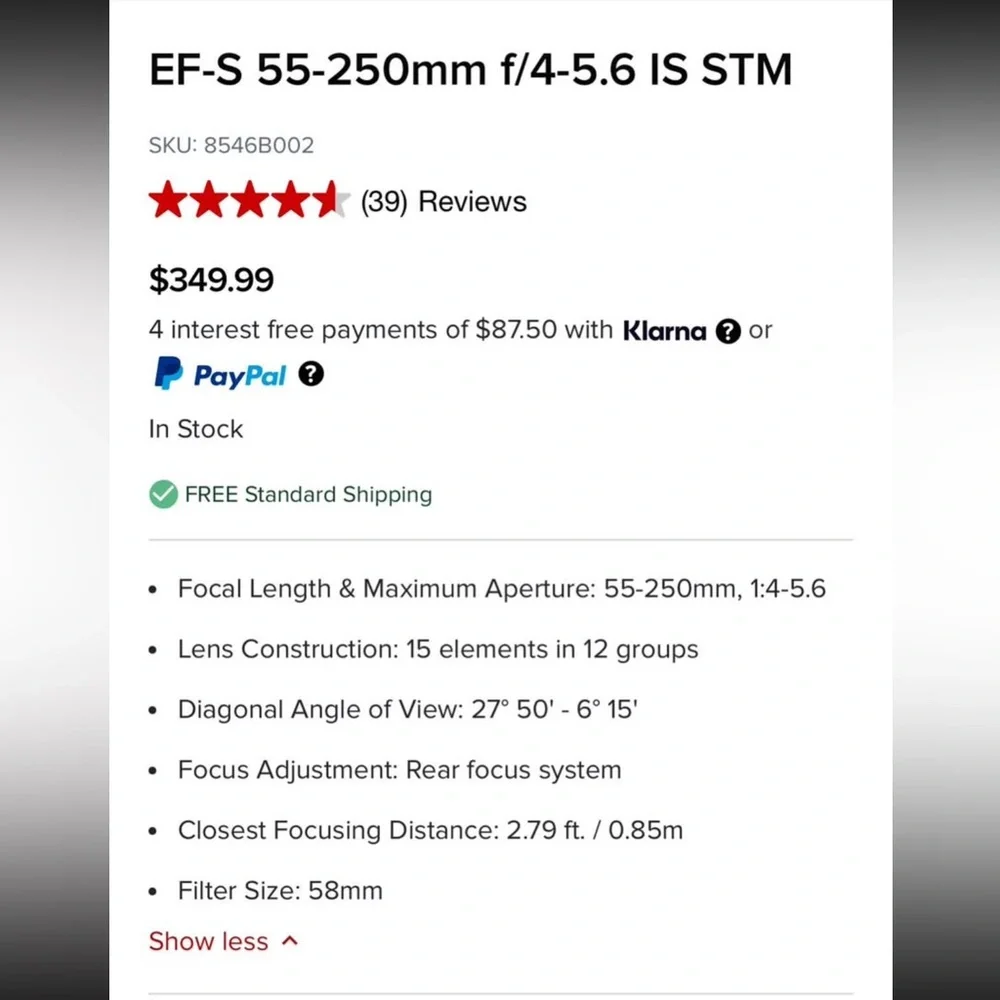 Canon EFS 55-250mm Lens